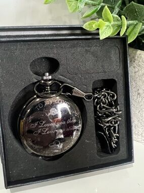 Engraved Black Pocket Watch with Chain - "I Loved You Then"